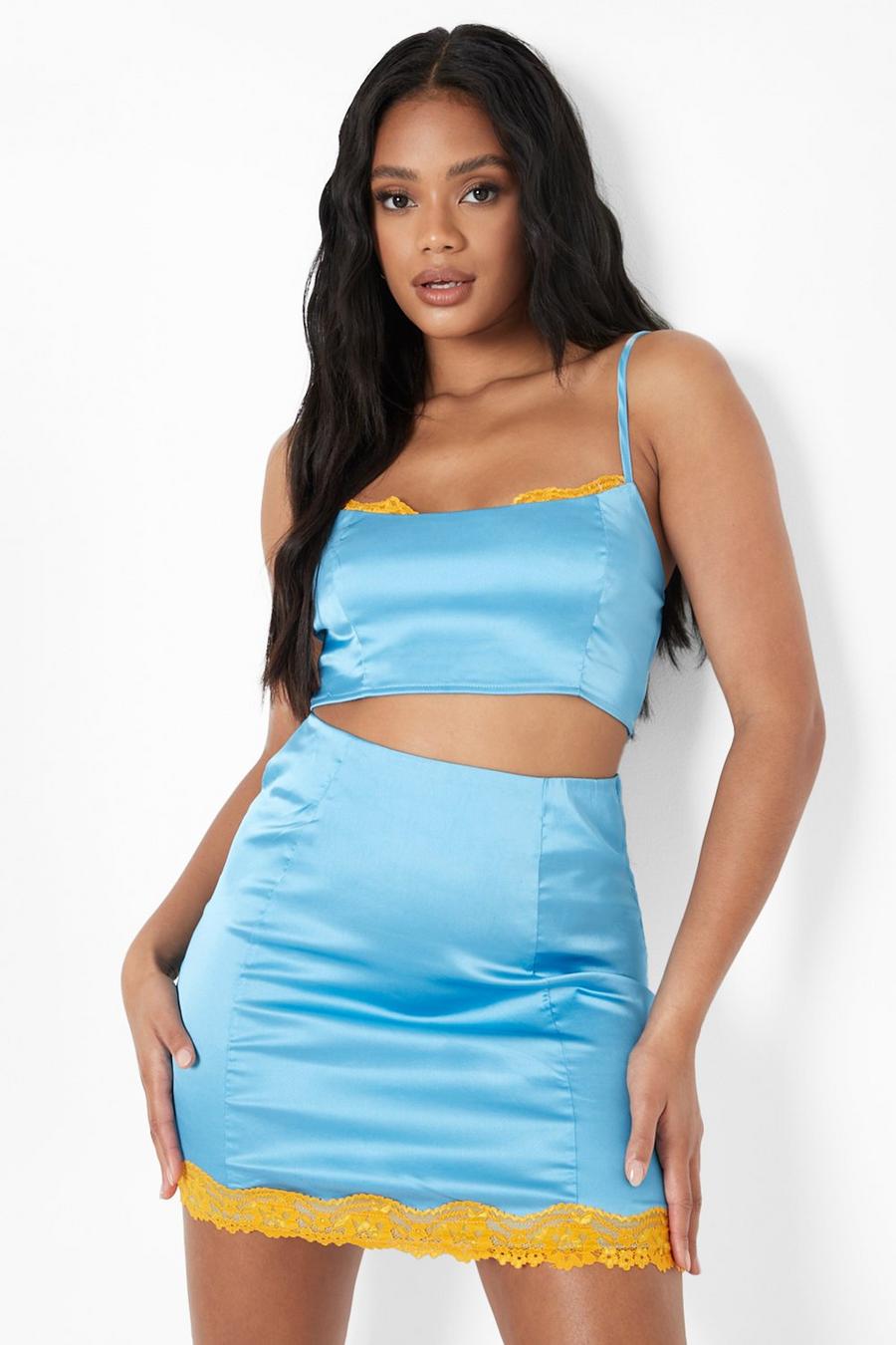 Aqua blue Petite Lace Trim Satin Mini Skirt