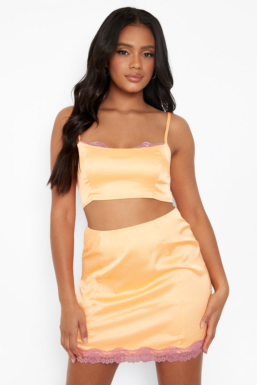 Orange Petite Lace Trim Satin Mini Skirt image number 1