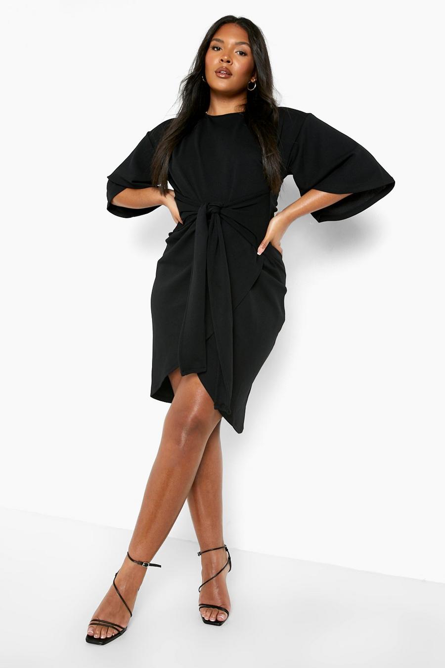 Black Plus Kimono Sleeve Wrap Over Midi Dress