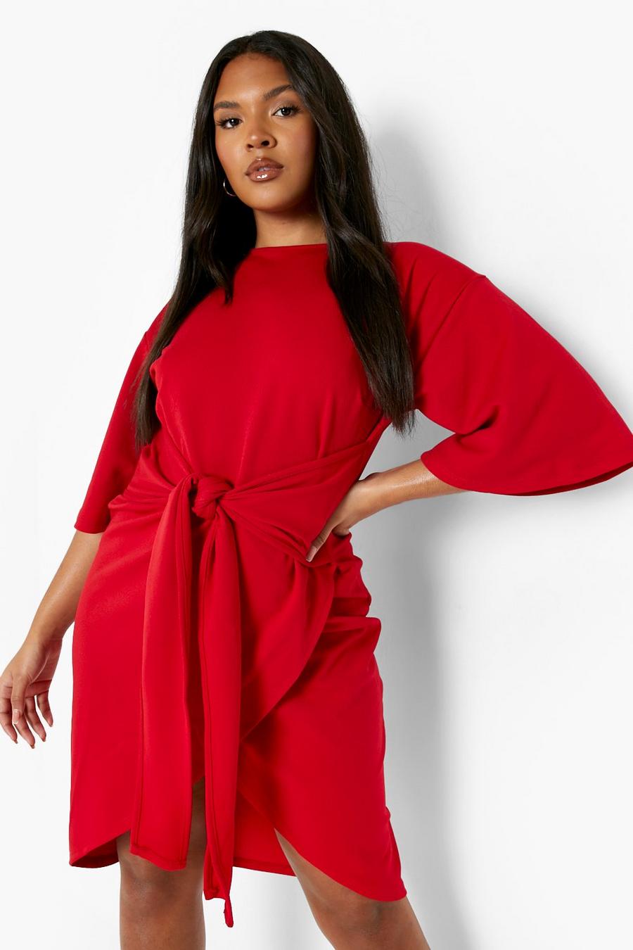 Red Plus Kimono Sleeve Wrap Over Midi Dress image number 1
