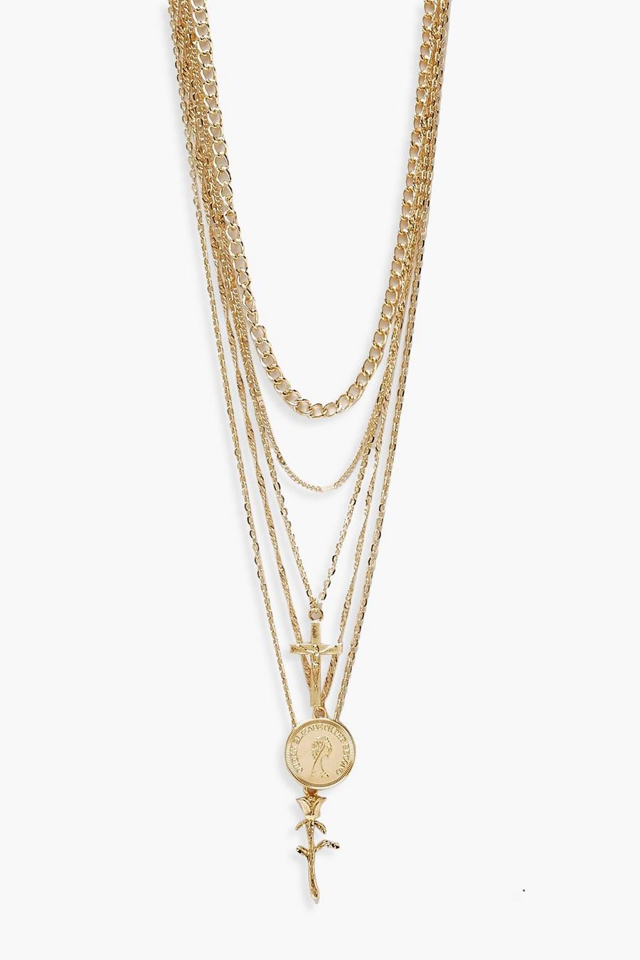 Grande taille - Collier à chaînes multiples avec pendentifs croix et rose, Gold image number 1