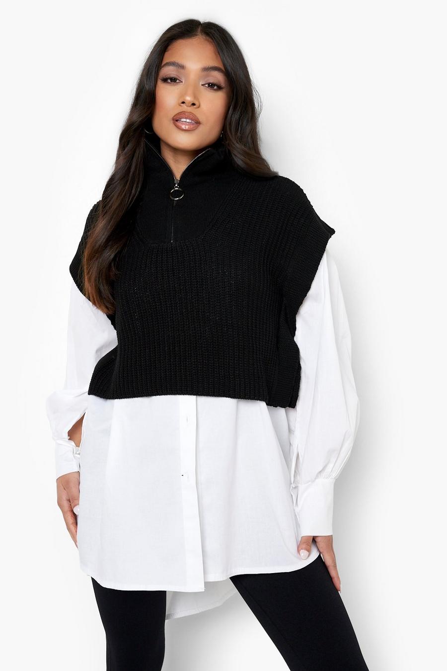 Black svart Petite High Neck Half Zip Sweater Vest