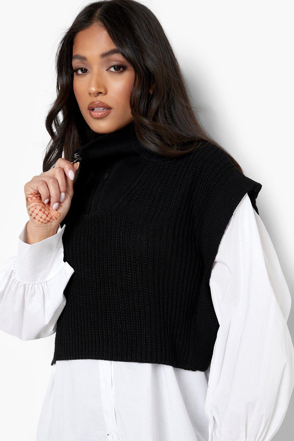 Petite High Neck Half Zip Sweater Vest boohoo