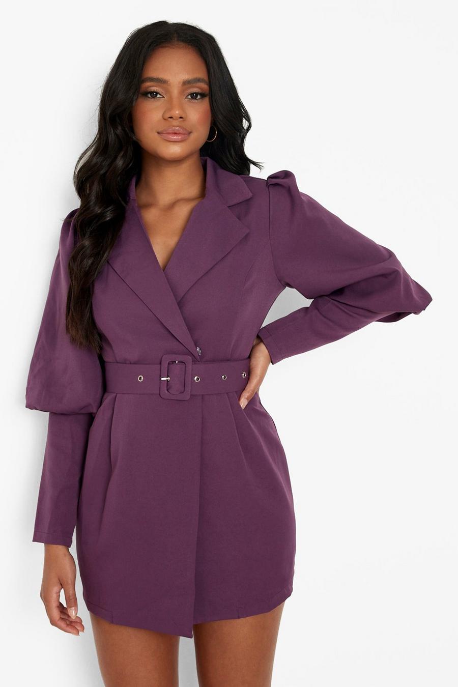Purple Petite Woven Puff Sleeve Blazer Dress image number 1
