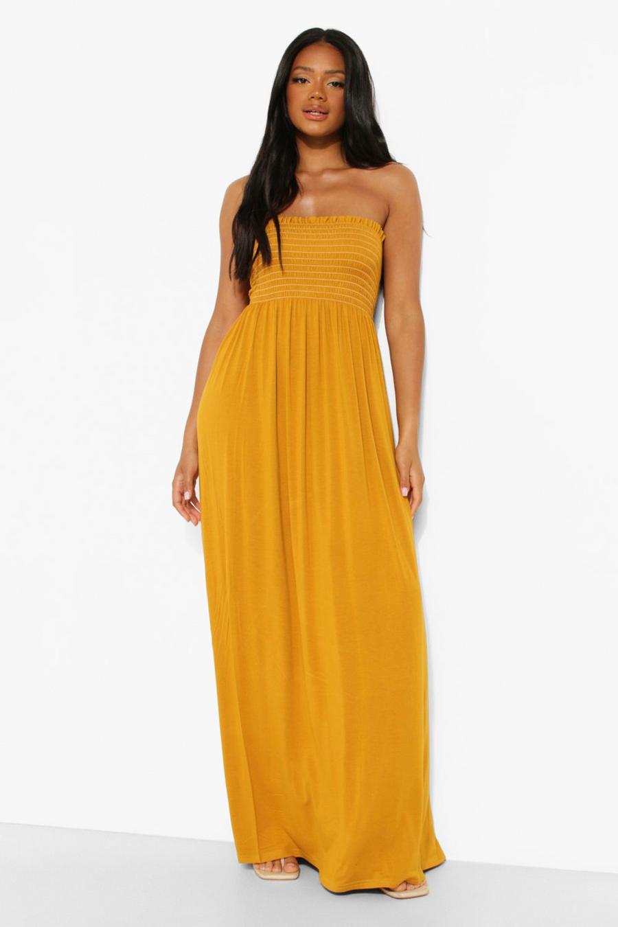 Mustard Petite Off The Shoulder Shirred Ruffle Maxi Dress image number 1