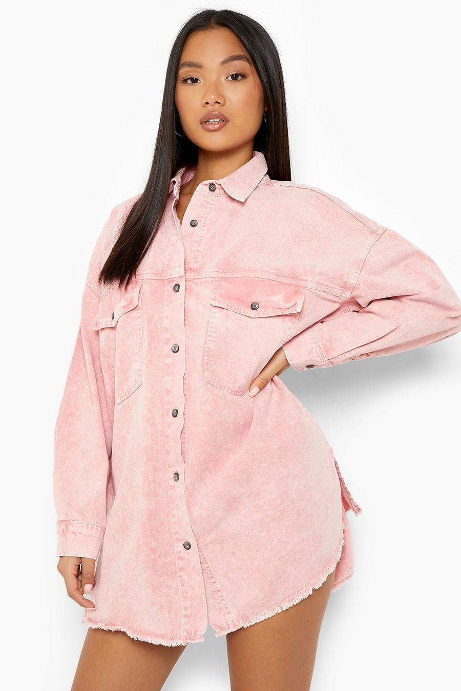 Pink Petite Washed Frayed Hem Denim Shirt Dress image number 1