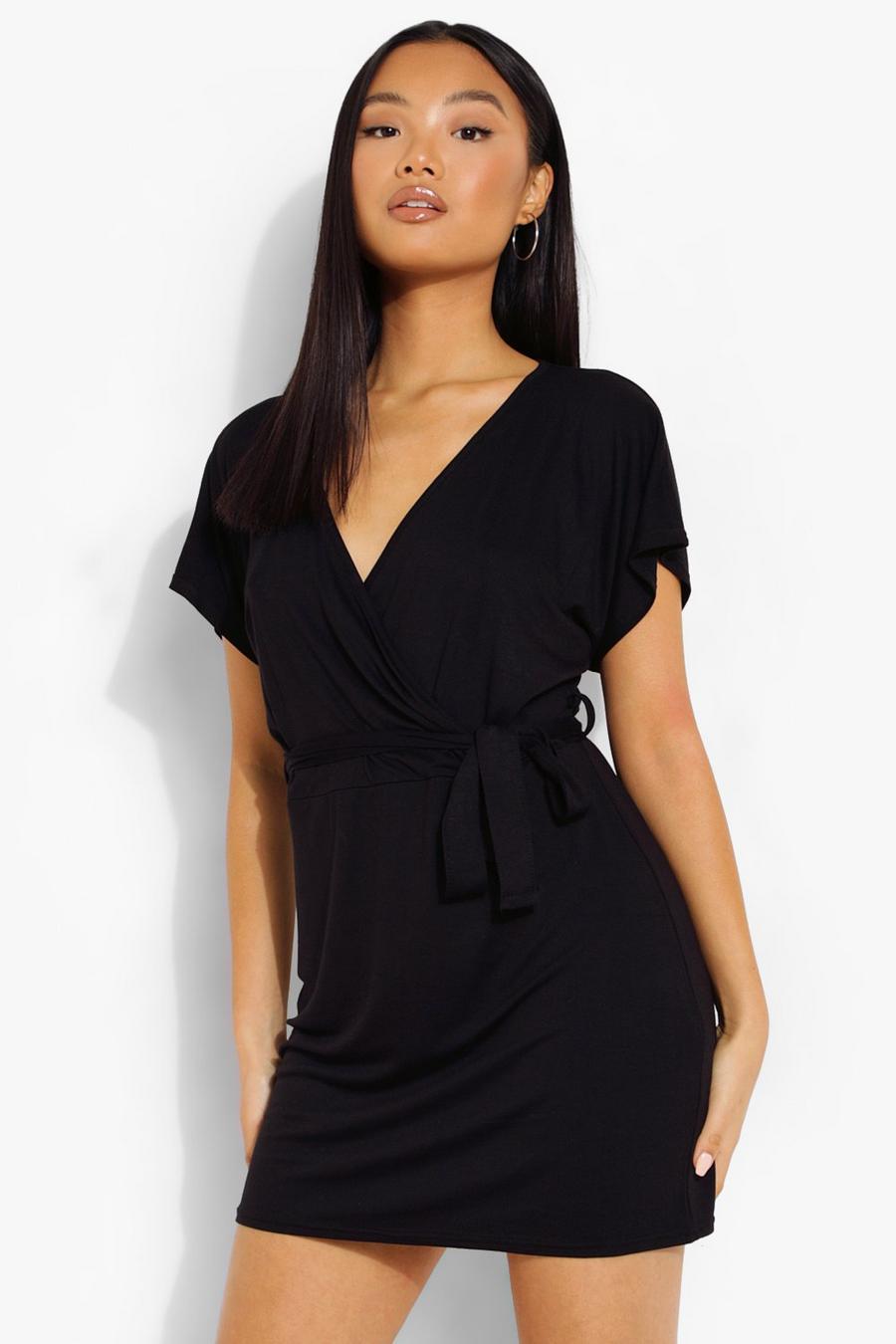 Black Petite Short Sleeve Wrap Dress image number 1