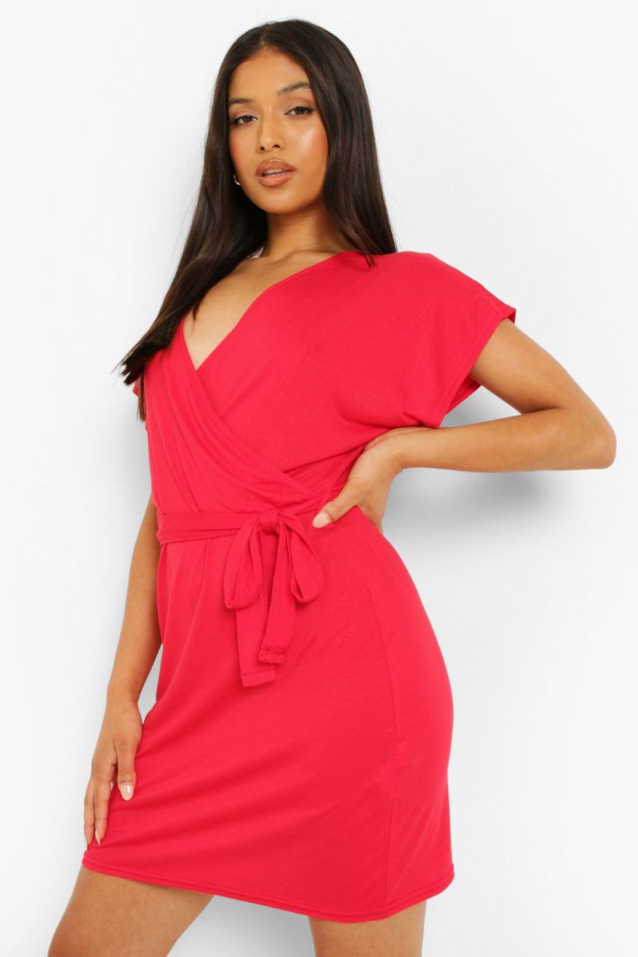 Red Petite Short Sleeve Wrap Dress image number 1