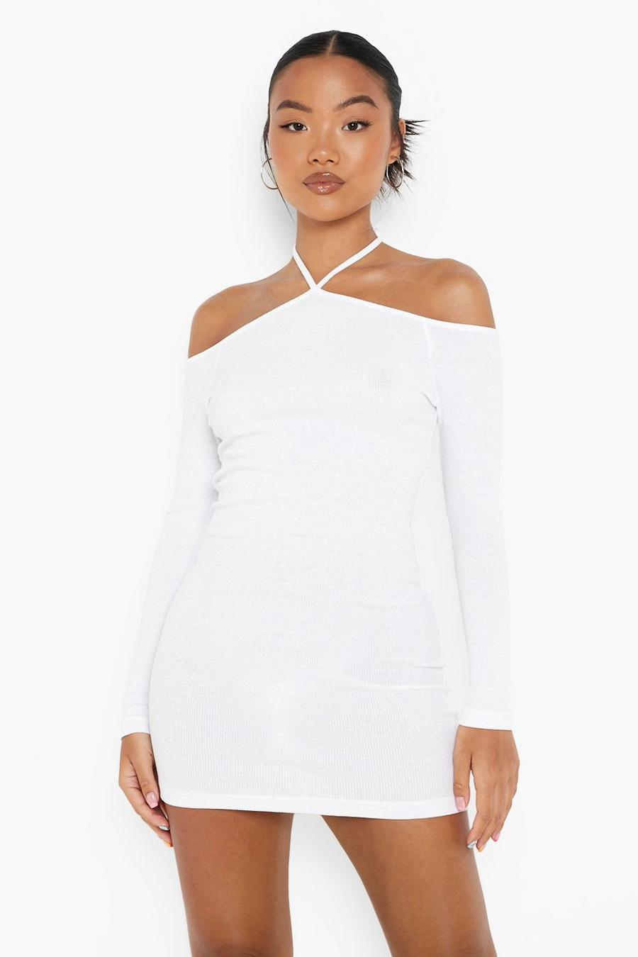 White Petite Recycled Halter Off The Shoulder Mini Dress image number 1