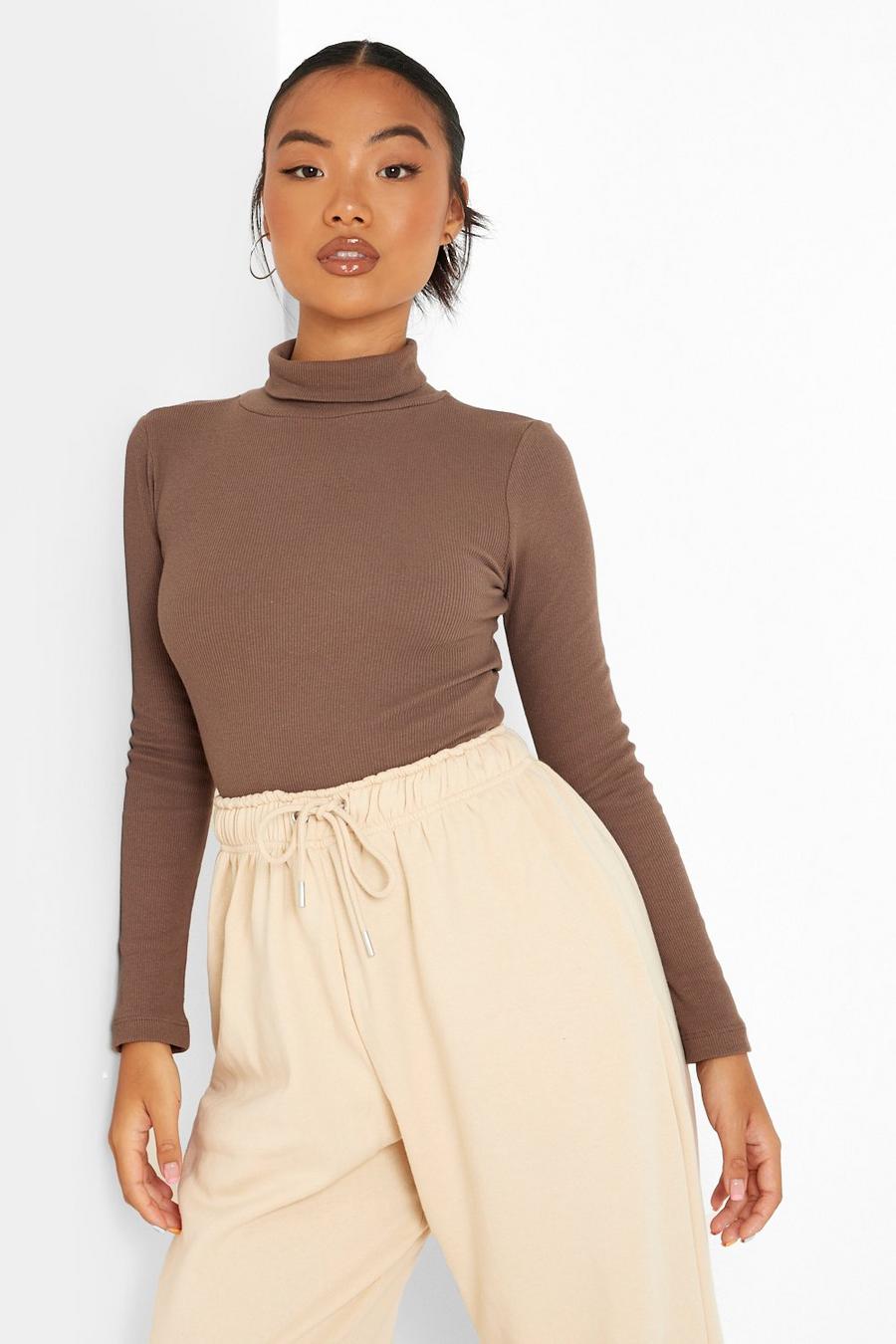 Coffee brown Petite Recycled Roll Neck Bodysuit