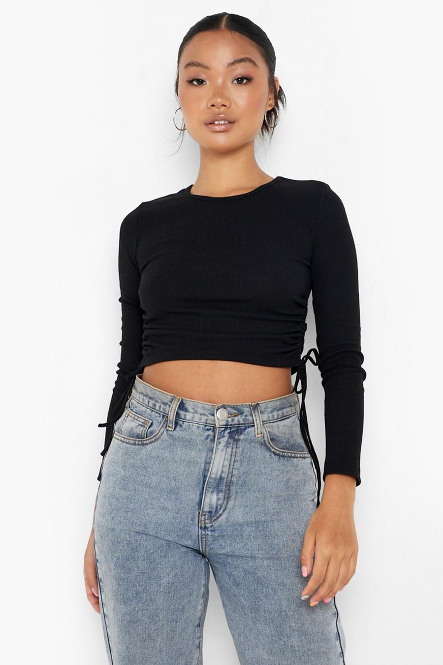 Black Petite Recycled Side Ruched Long Sleeve Crop Top image number 1
