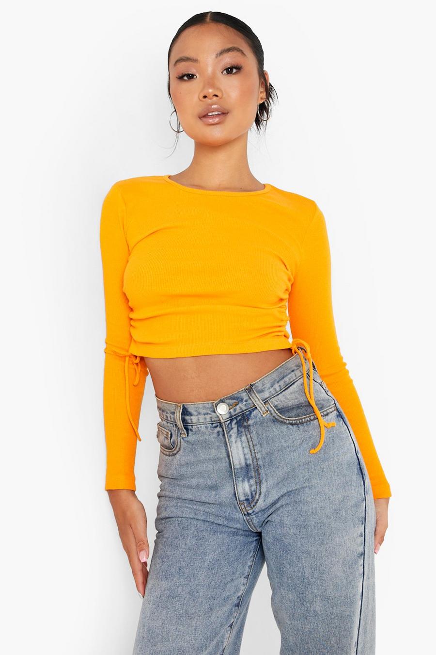Orange Petite Recycled Side Ruched Long Sleeve Crop Top image number 1