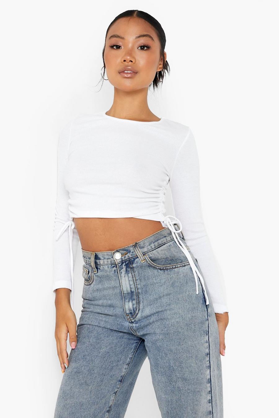Crop top Petite a maniche lunghe con ruches laterali, White image number 1