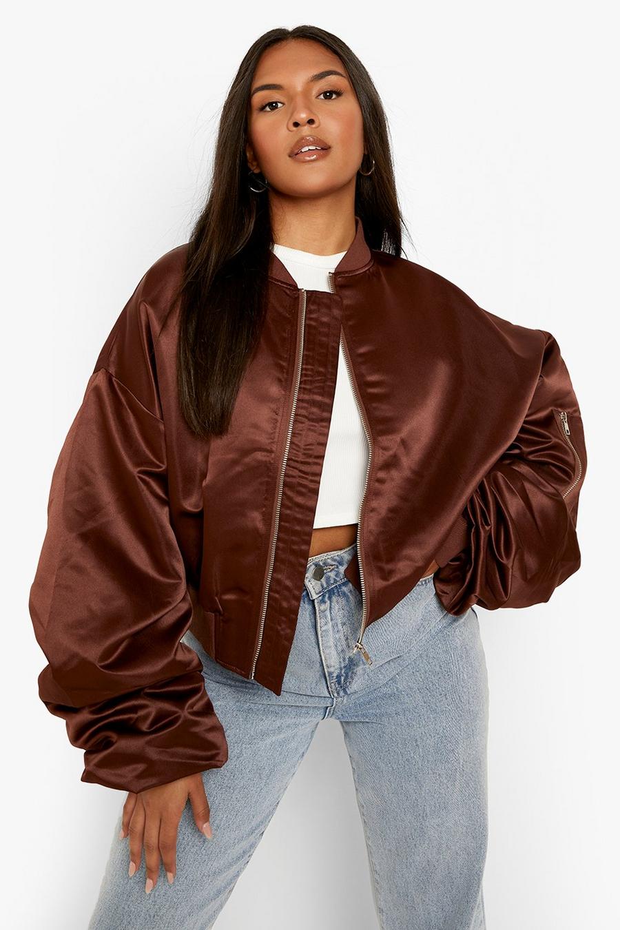 Chocolate Plus Ruched Sleeve Satin Bomber image number 1