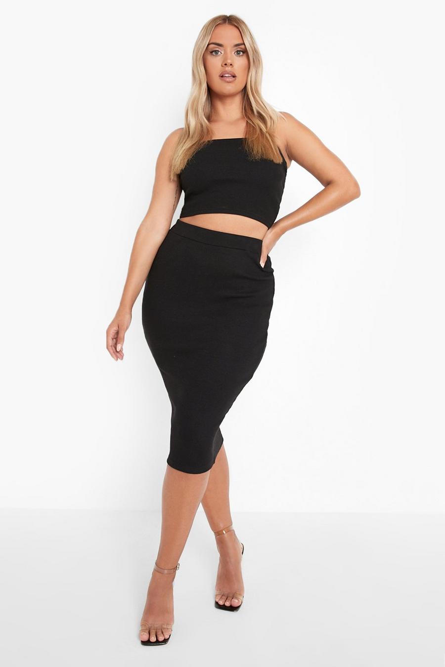Black Plus Premium Rib Midi Skirt image number 1