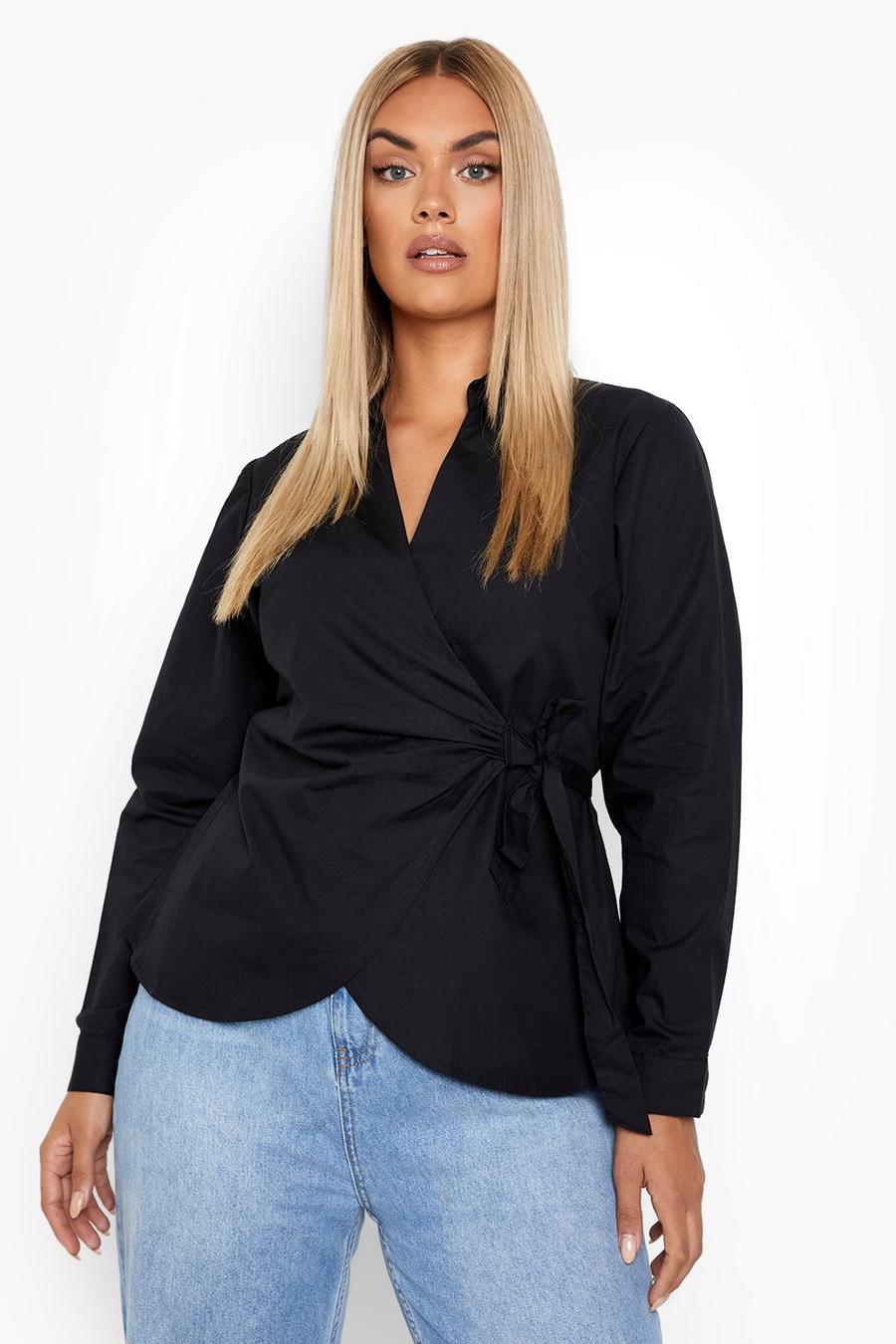 Blusa Plus Size a incrocio in popeline, Black image number 1
