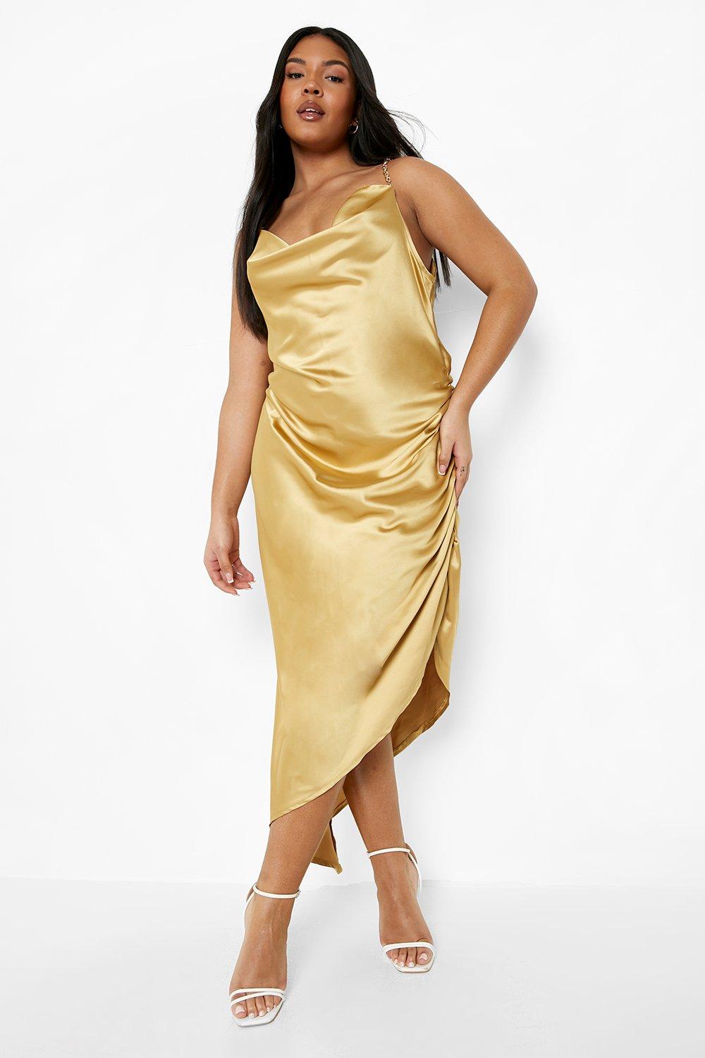 Plus Satin Chain Strap Cowl Neck Midi ...