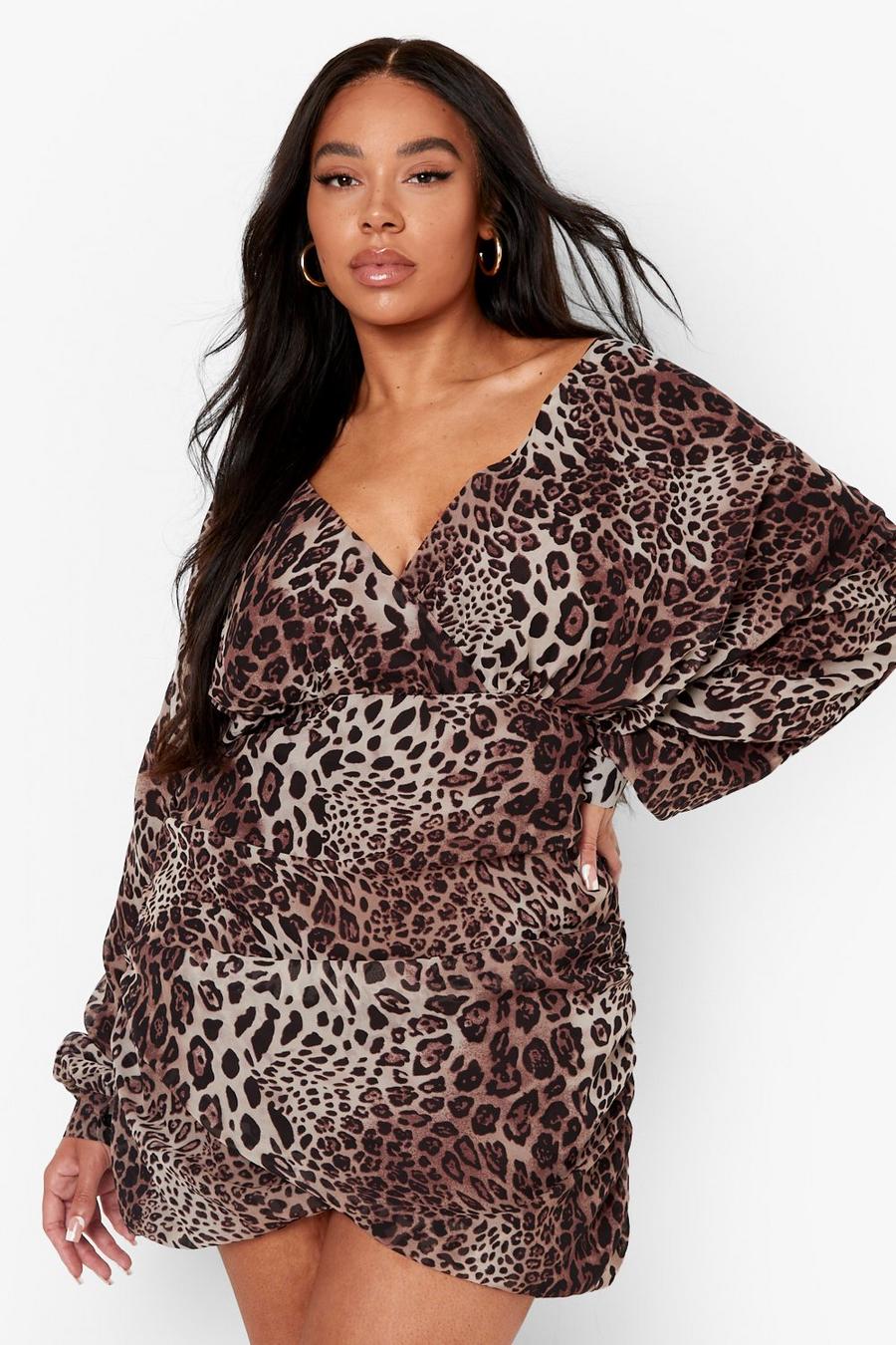 Grande taille - Robe courte à manches bouffantes et imprimé léopard, Leopard image number 1