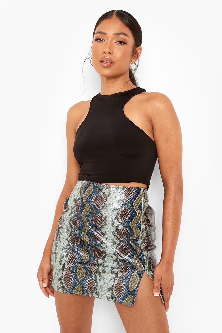 Grey grau Petite Snake Pu Side Split Mini Skirt image number 1
