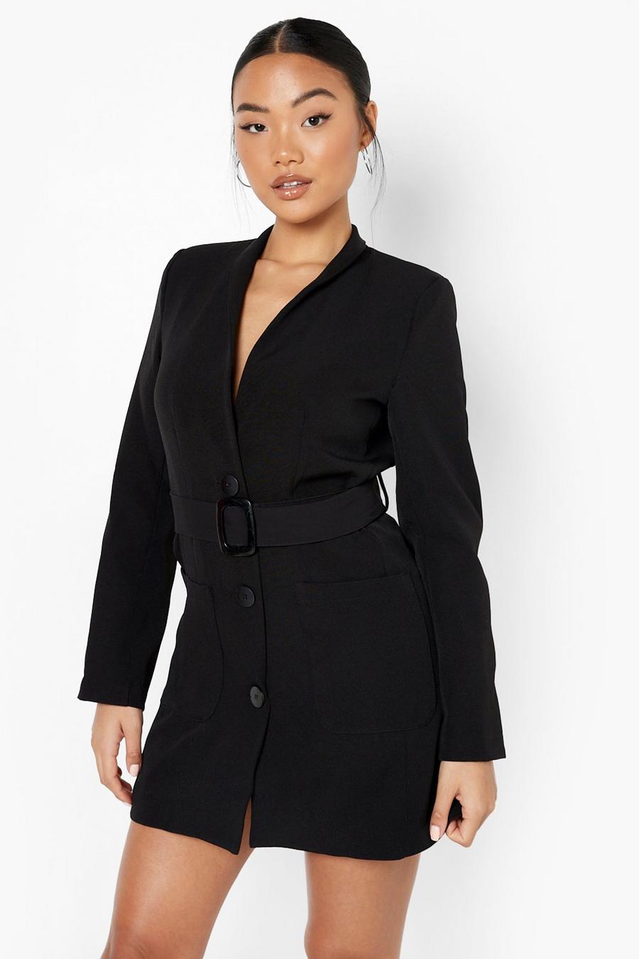 Black Petite Belted Pocket Detail Blazer Dress image number 1
