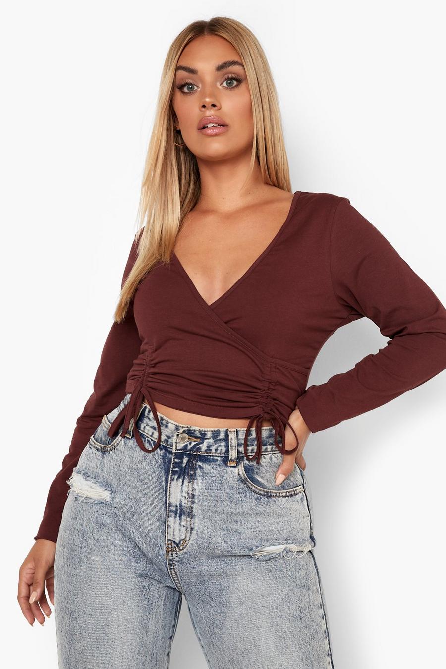 Chocolate Plus Ruched Wrap Long Sleeve Top image number 1