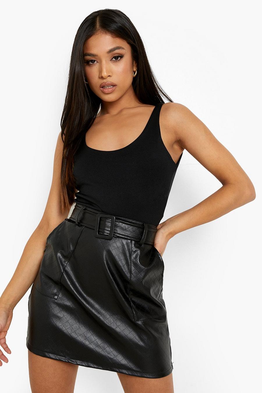 Black Petite Quilted Pu Belted Mini Skirt image number 1