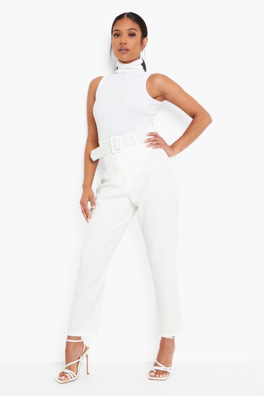 Ivory white Petite Wide Buckle Belt Tapered Trouser