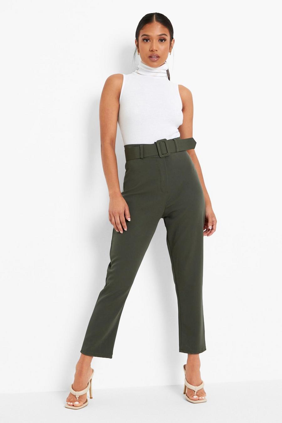 Khaki Petite Wide Buckle Belt Tapered Trouser image number 1