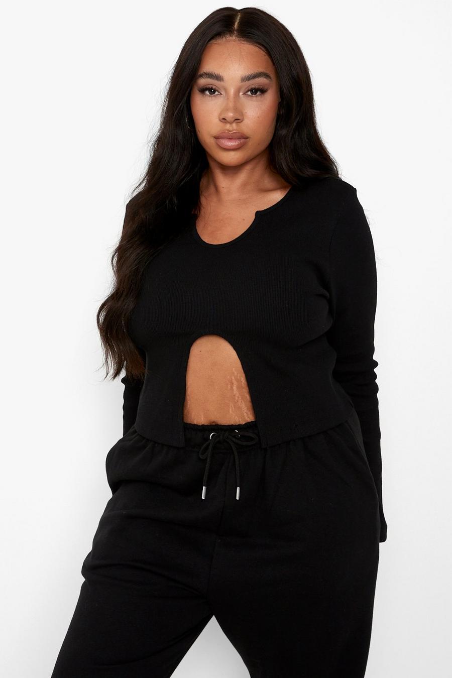 Black Plus Ribbed Notch Neck Long Sleeve Top image number 1