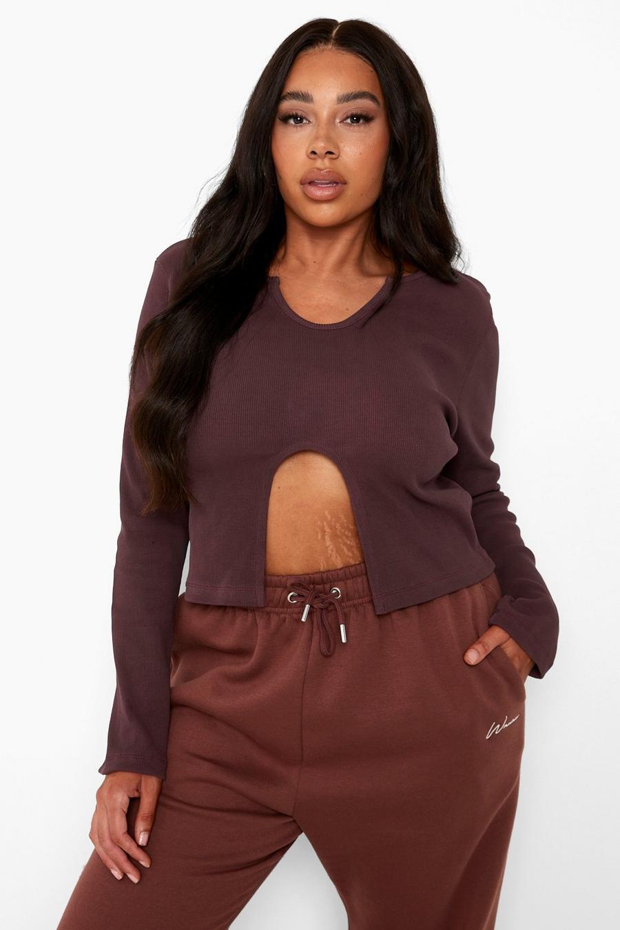 Chocolate Plus Ribbed Notch Neck Long Sleeve Top image number 1