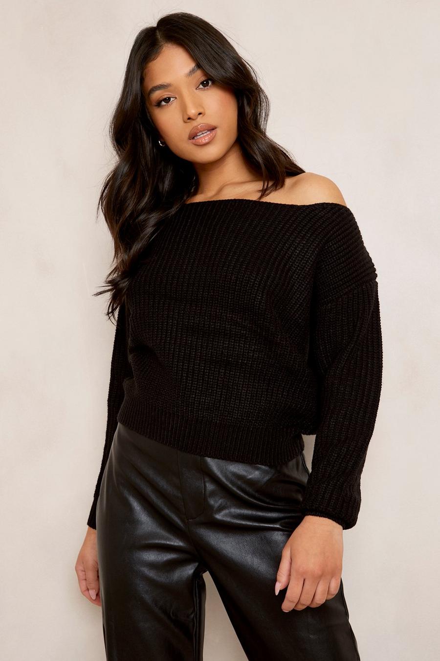 Black Petite Recycled Boat Neck Crop Sweater