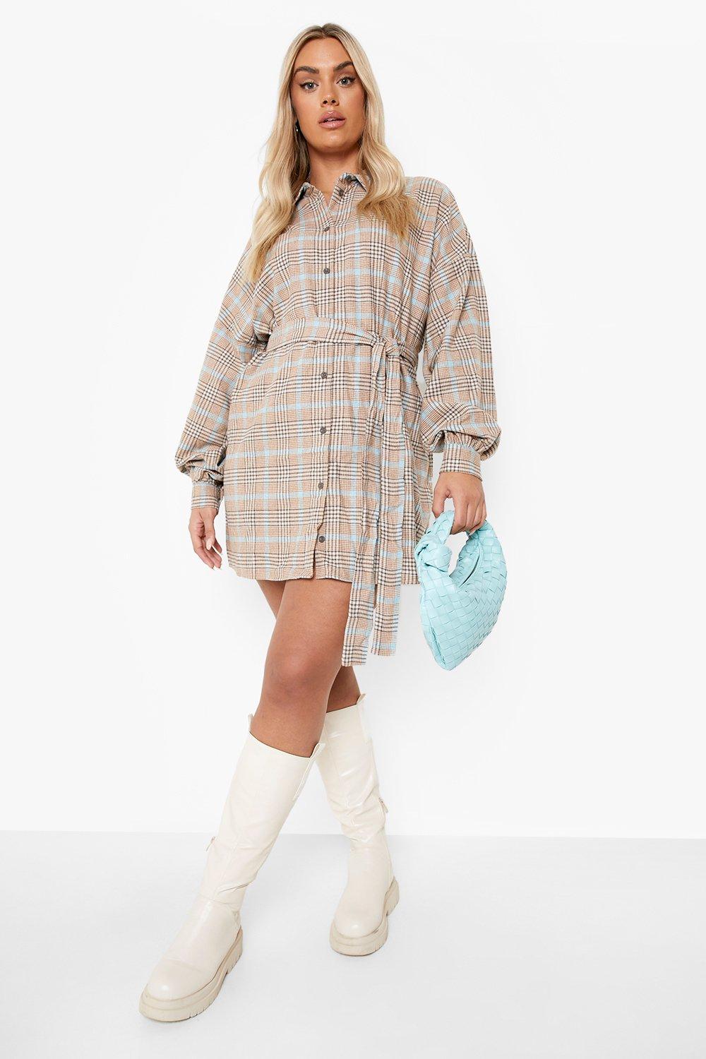 Women s Plus Belted Check Shirt Dress Boohoo UK