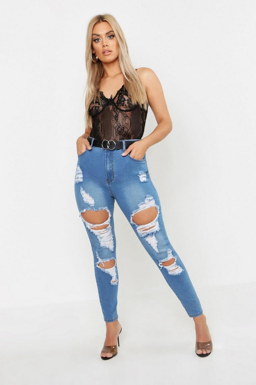 Plus Distressed High Waisted Stretch Skinny Jeans | boohoo