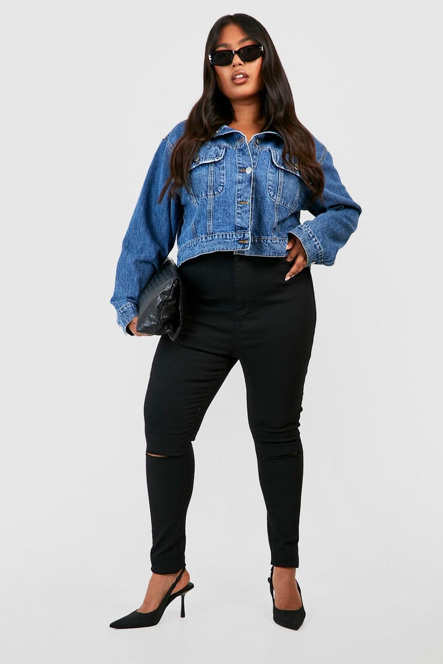 שחור טייץ ג'ינס סקיני עם קרע בברך מידות גדולות