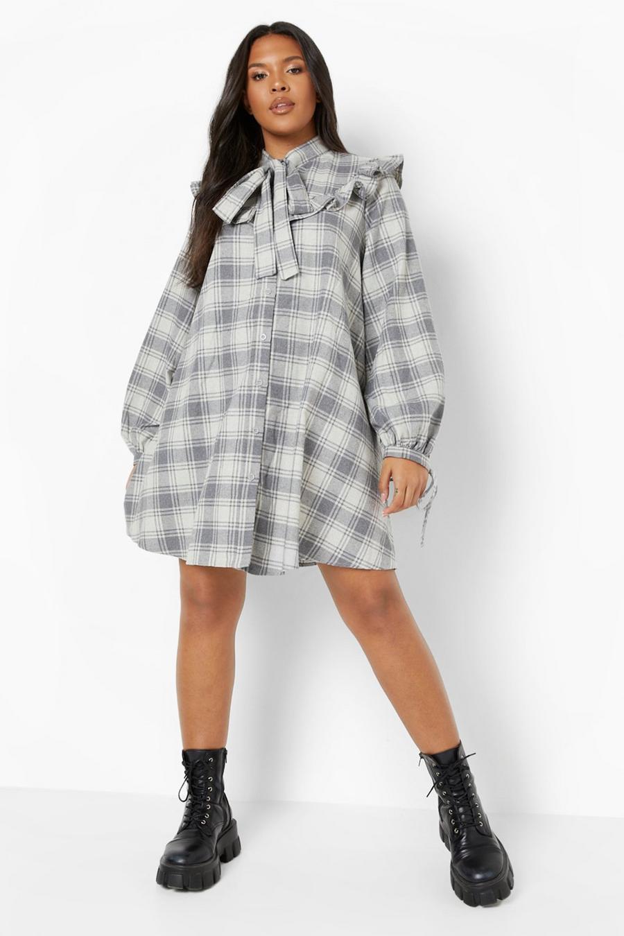 Grey Plus Ruffle Pussybow Check Smock Dress image number 1