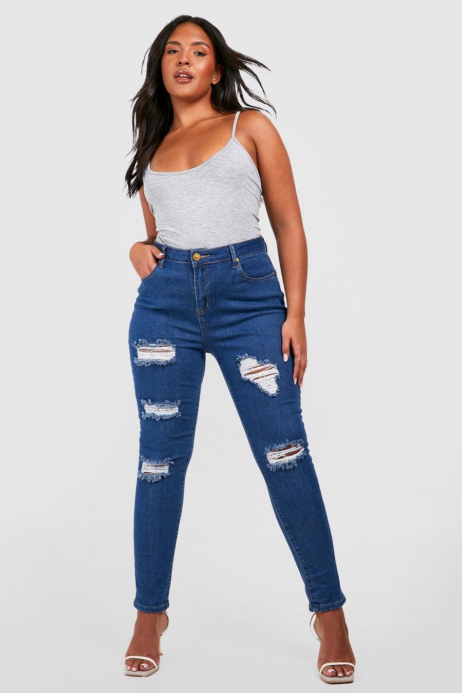 Jeans Skinny Fit Plus Size con smagliature, Mid wash azzurro