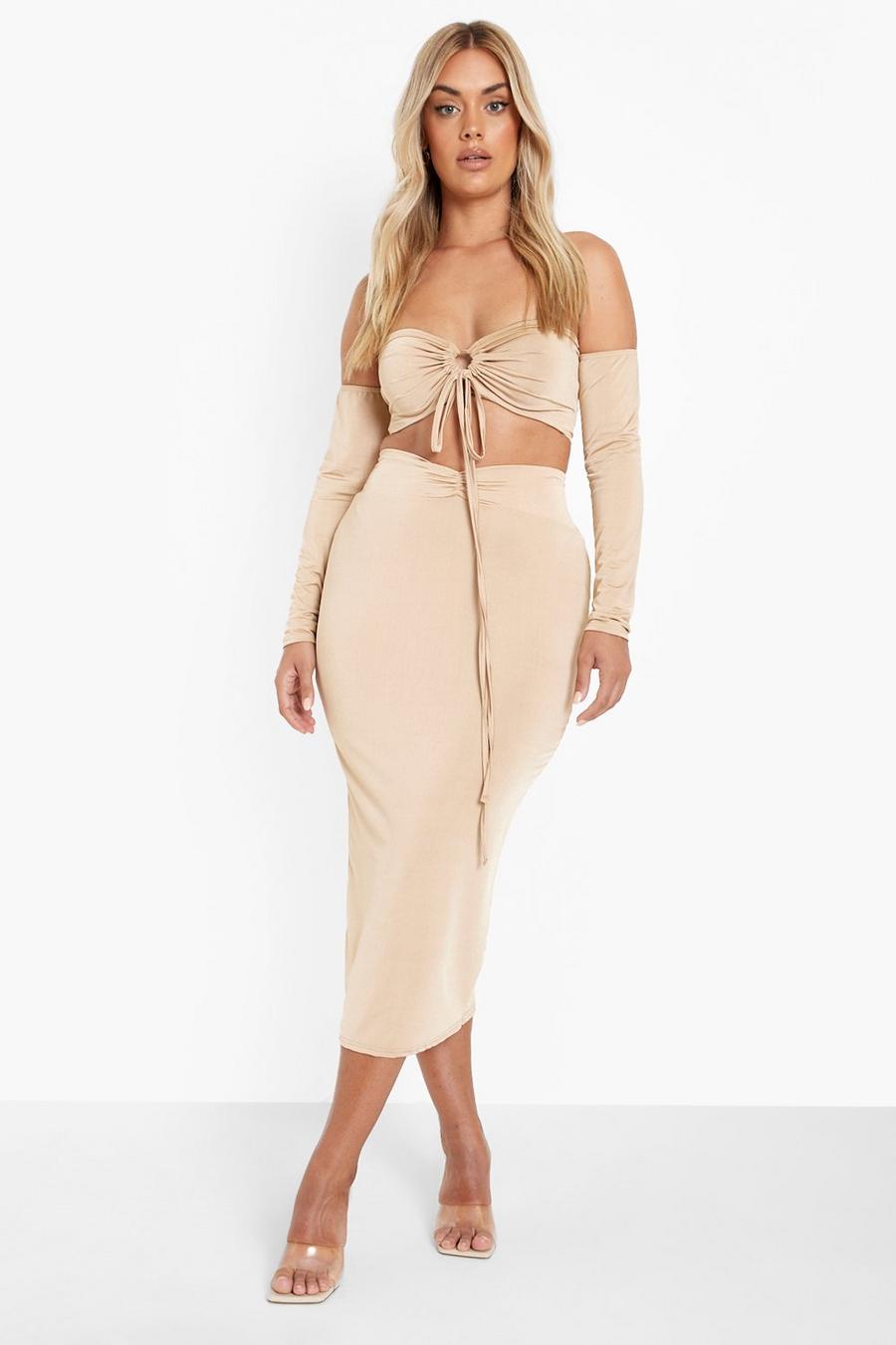 Mocha Plus Ruched Detail Maxi Skirt Co-Ord image number 1