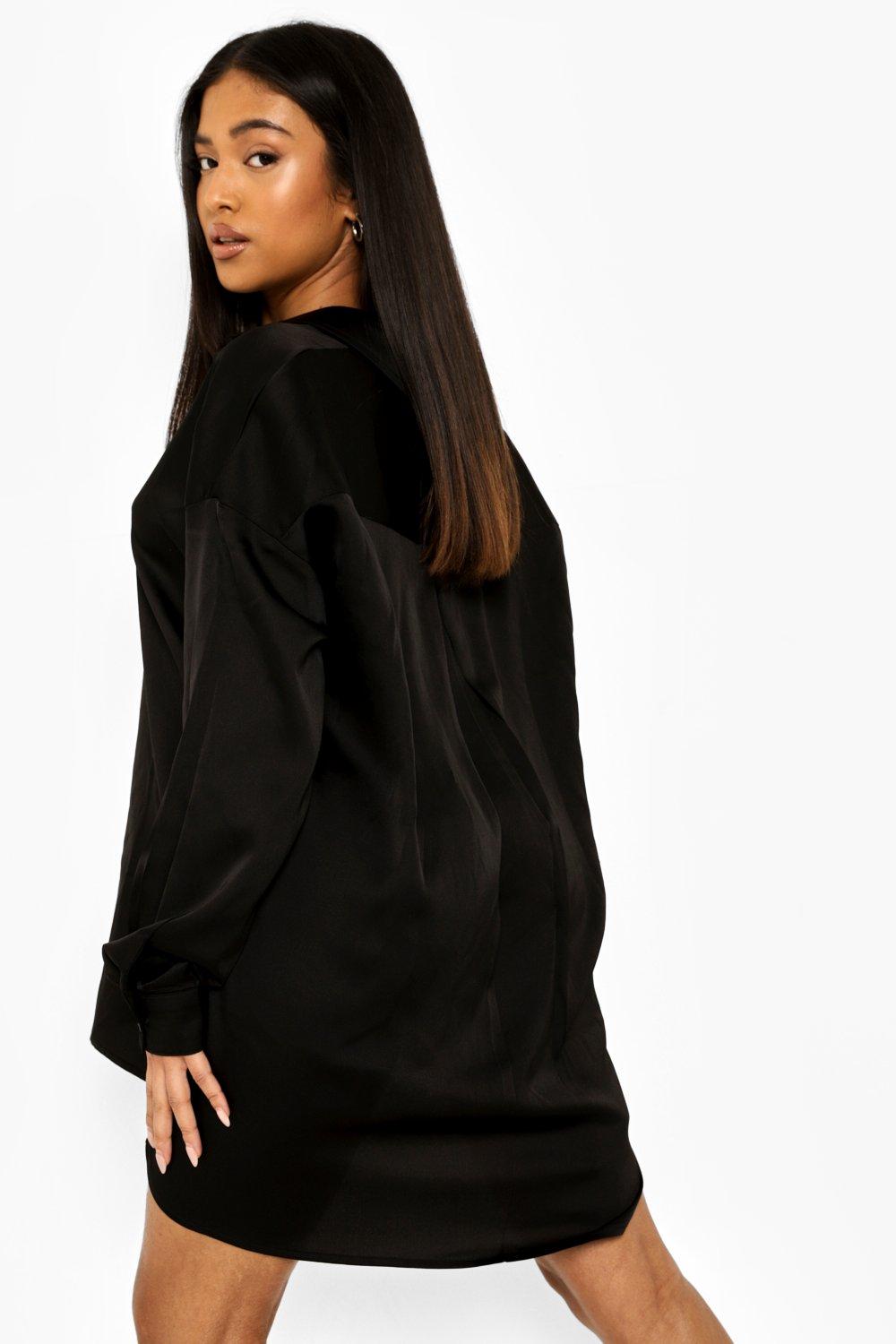 black satin oversized shirt dress