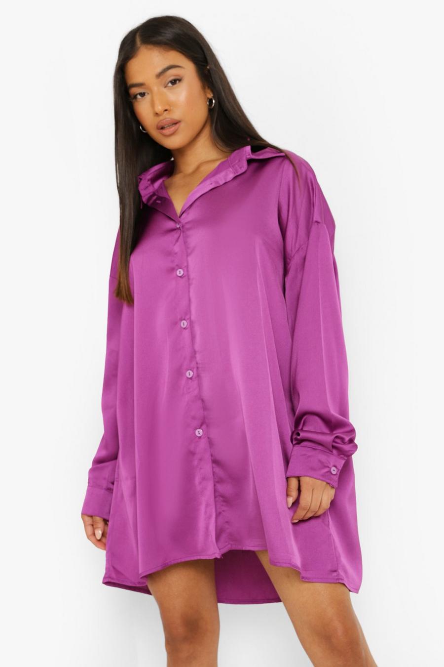 Purple Petite Satin Oversized Shirt Dress image number 1