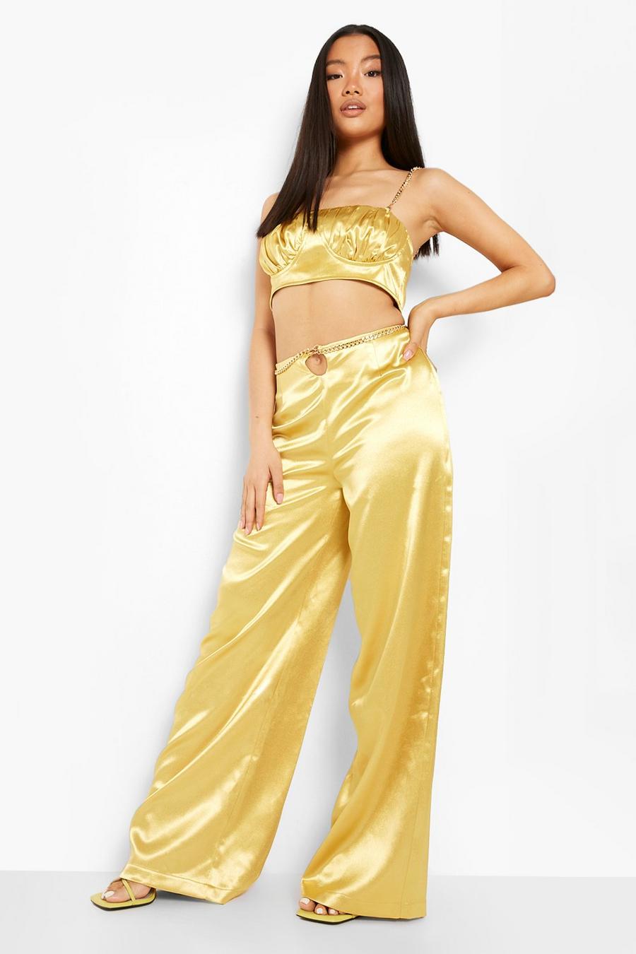 Gold Petite Chain Waistband Satin Keyhole Trouser image number 1