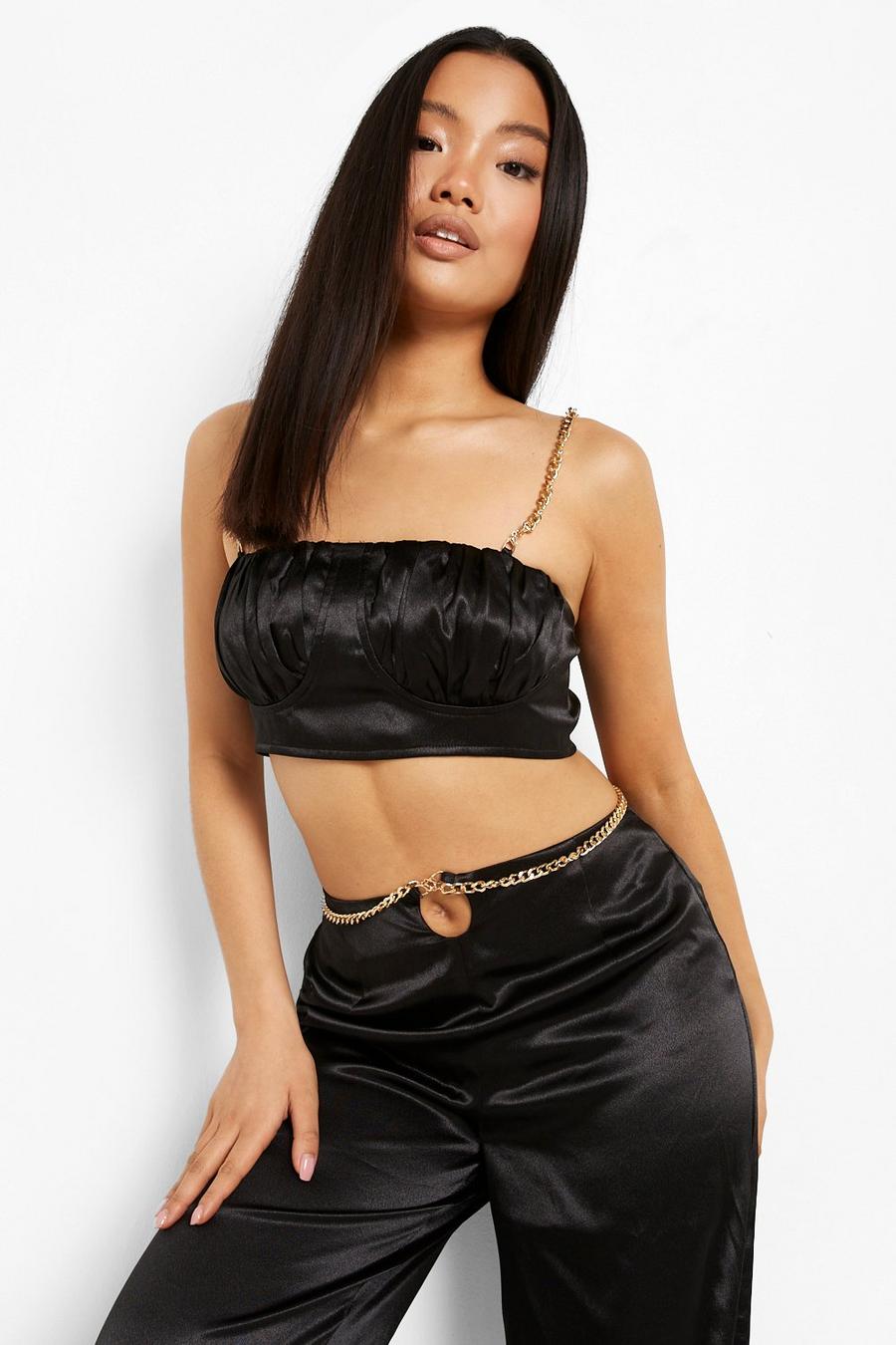 Black Petite Chain Strap Satin Ruched Bralette image number 1