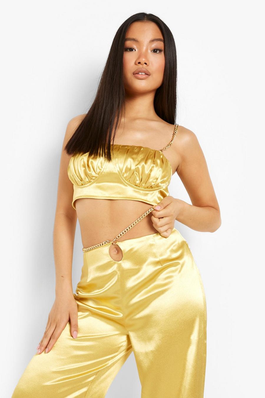 Gold Petite Chain Strap Satin Ruched Bralet image number 1