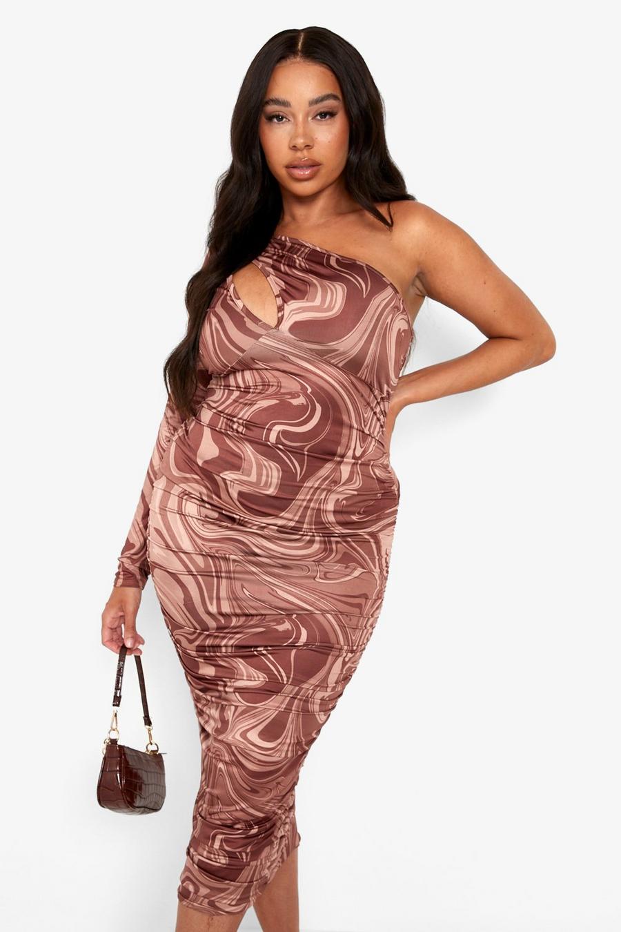Brown Plus Marble Print On Shoulder Midi Dress image number 1