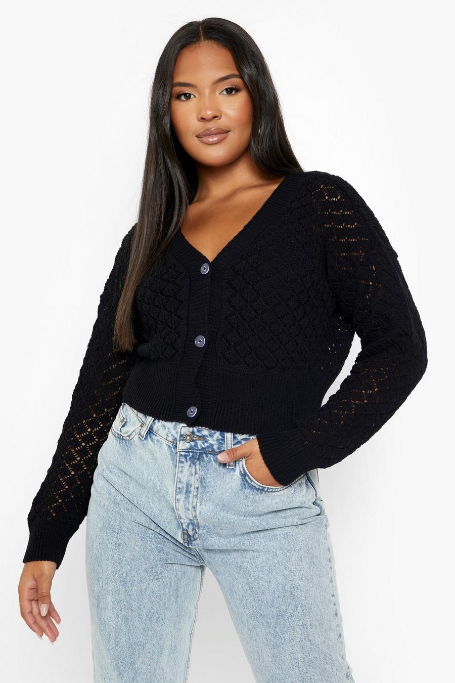 Black Plus Knitted Pointelle Cropped Cardigan image number 1