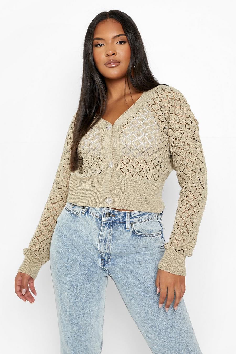 Stone Plus Knitted Pointelle Cropped Cardigan image number 1