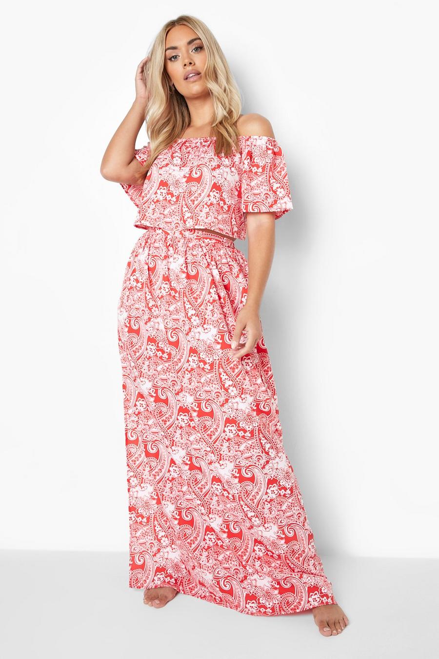 Red Plus Paisley Bardot And Skirt Beach Co-ord image number 1