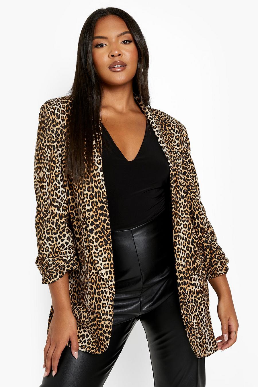 Brown Plus Leopard Ruched Sleeve Blazer image number 1