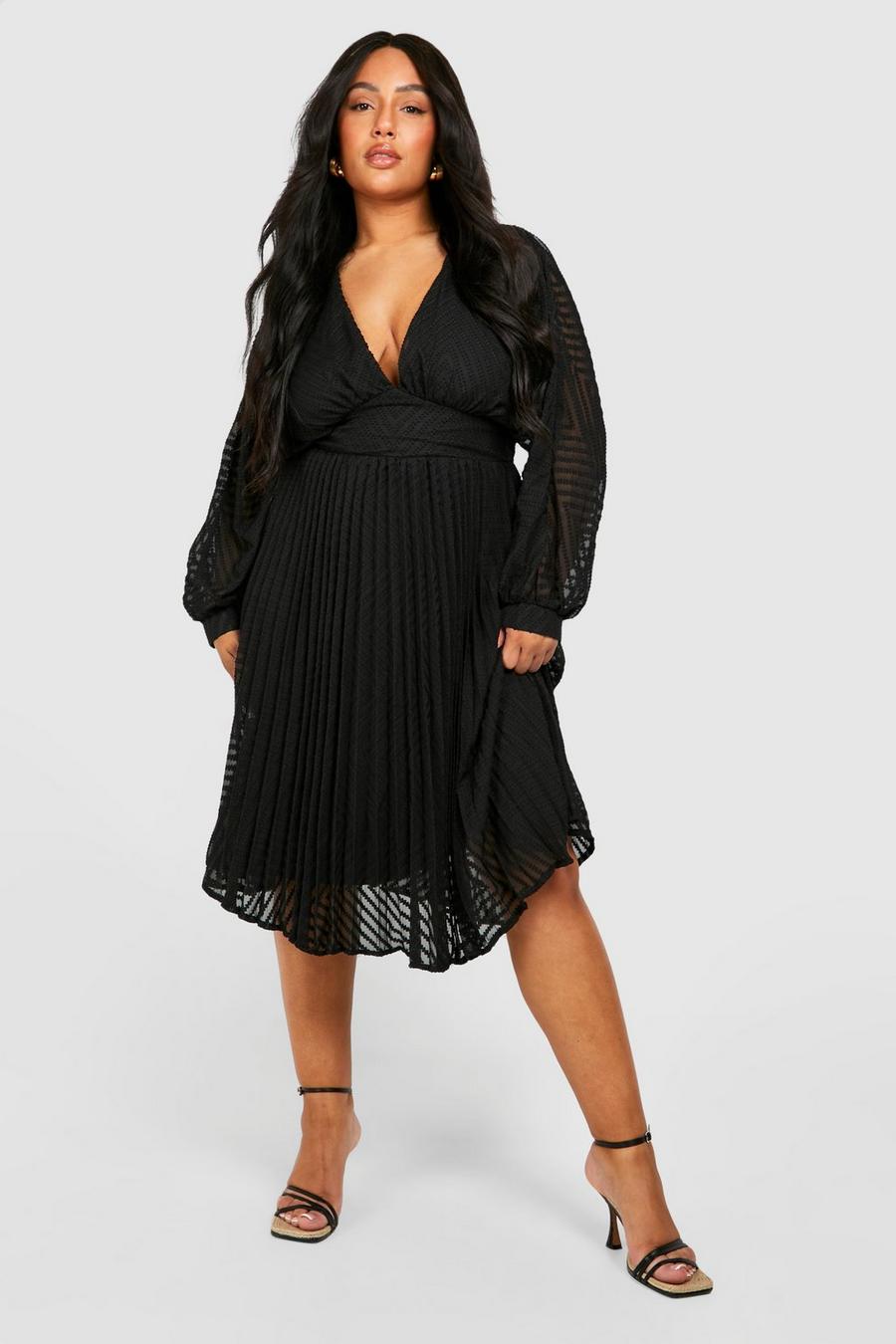 שחור negro שמלת סקייטר מידי שיפון עם טקסטורה למידות גדולות