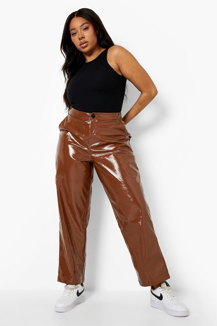 Pantaloni Plus Size dritti in vinile con vita a V, Tan marrone