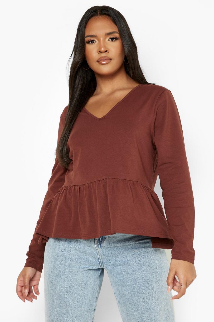 Chocolate Plus V Neck Long Sleeve Smock Top image number 1
